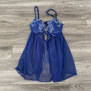Victorias Secret 34C Blue Babydoll Lingerie Lace Sexy Adjustable Strap